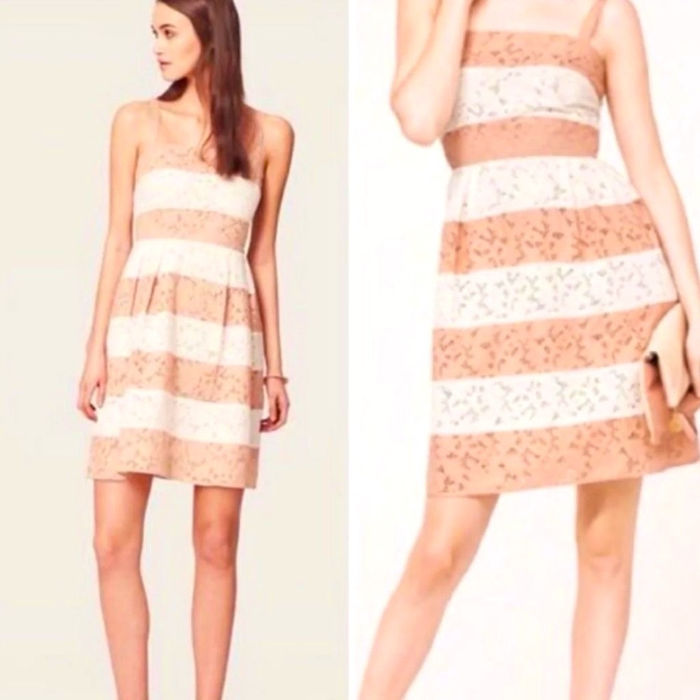 LOFT Peach and Beige Eyelet Striped Sleeveless Summer Dress Size 14 A-line